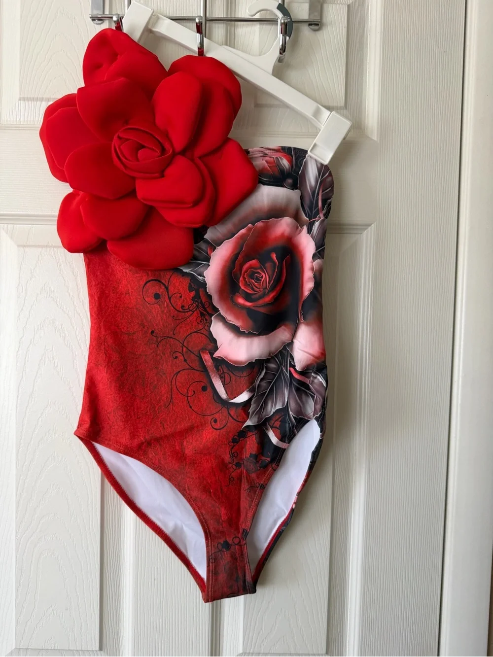 Red Floral One-Piece Swimsuit w/3D Flower Accent & Sarong